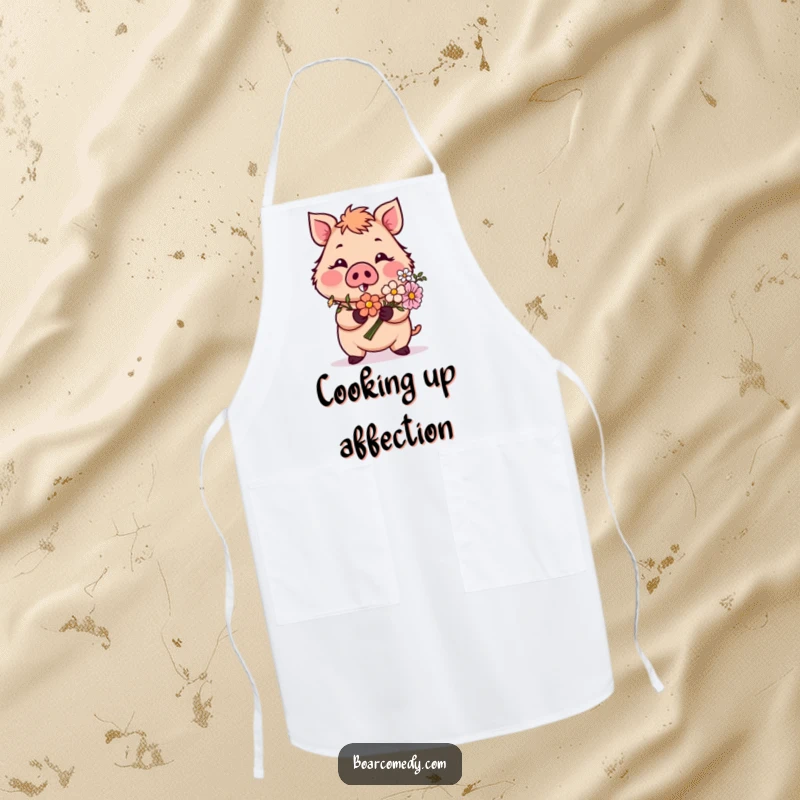 Funny apron with a blushing boar character presenting flowers, perfect for a romantic and humorous kitchen experience, a unique funny gift.