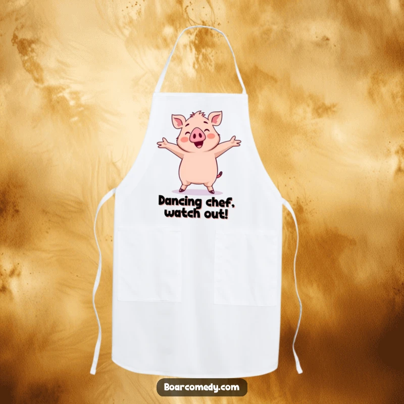 Funny Kawaii Boar Apron: A silly kawaii boar is shown dancing with arms outstretched, adding a humorous touch to kitchen chores.