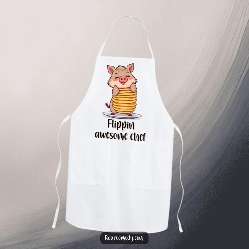 Funny apron showing a smiling boar character balancing a huge stack of pancakes, adding kitchen humor and protection.