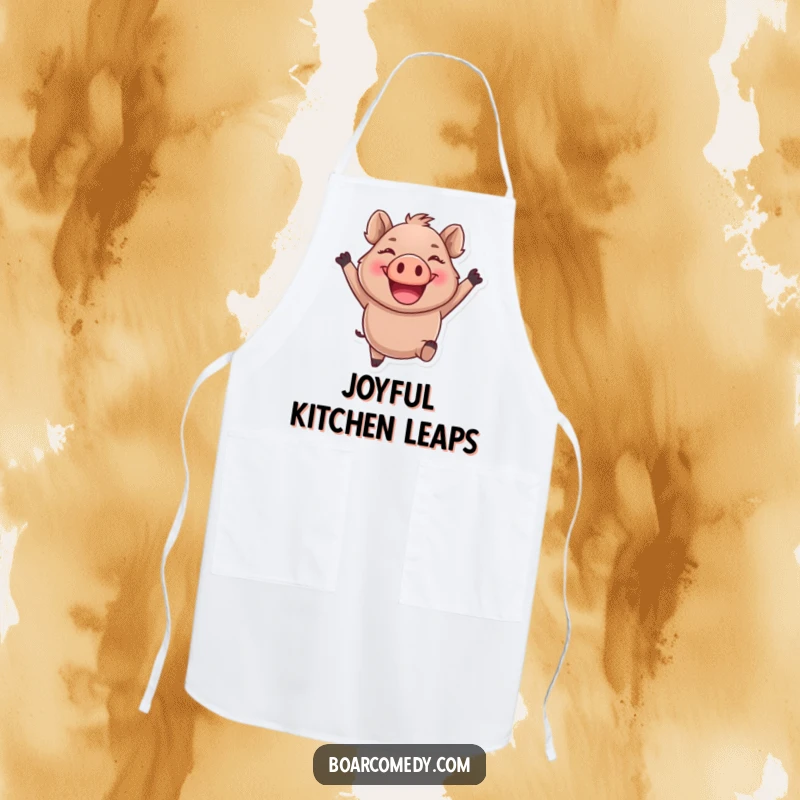 Funny round boar character leaping joyfully with a giant smile, on a practical kitchen apron.