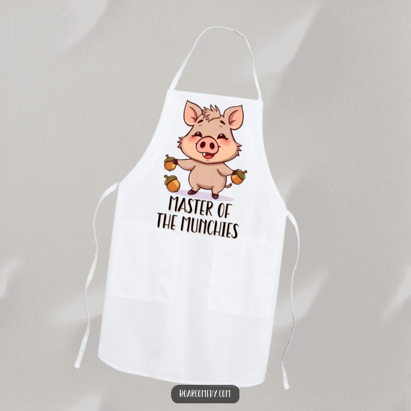 Funny apron showcasing a smiling boar character juggling acorns with its snout, a humorous and practical addition for kitchen enthusiasts.