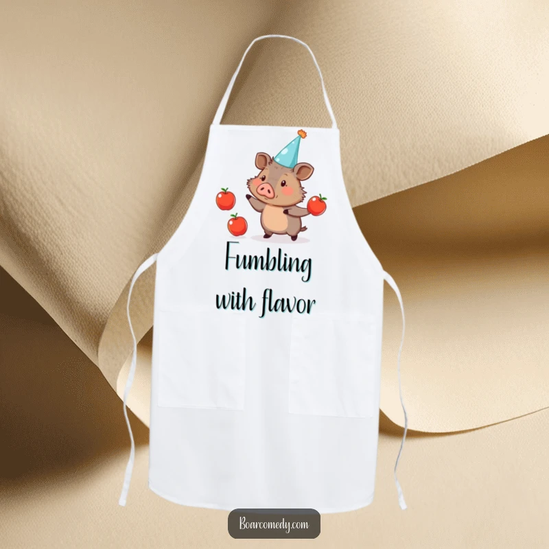 Funny Apron: Cute boar wearing a party hat, humorously juggling three apples while cooking, a delightful kitchen accessory.