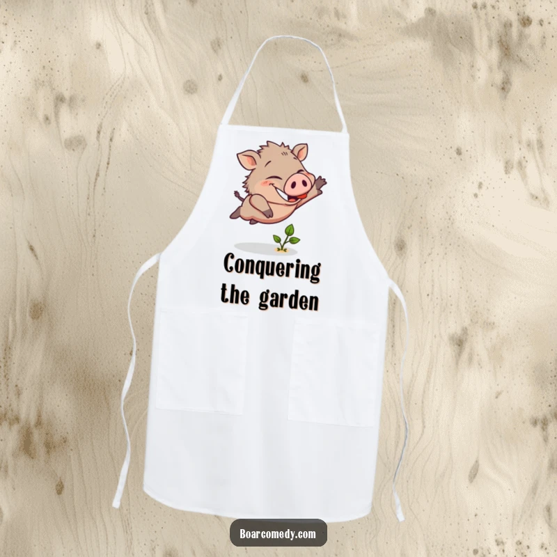 Funny kitchen apron featuring a cheerful boar character energetically leaping over a tiny sprout with a determined and joyful grin.