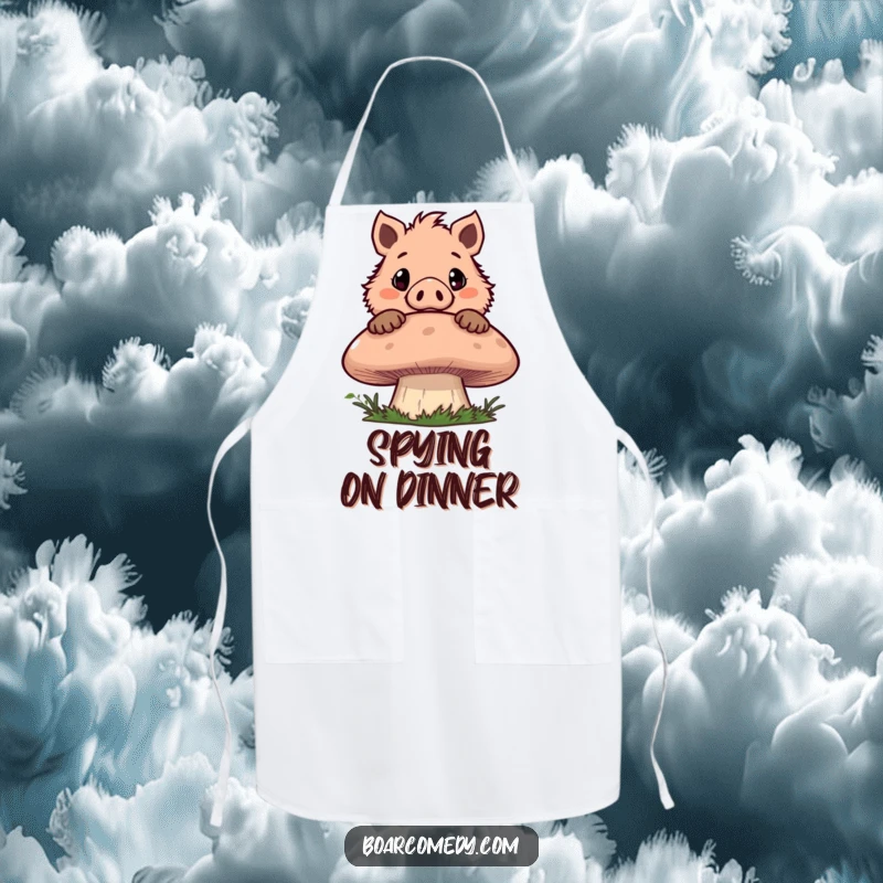 Funny apron showing a mischievous boar character peeking over a giant mushroom with wide eyes, a delightful addition for kitchen activities.