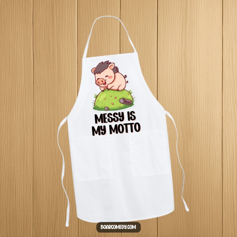 Funny apron showing a small, round boar character gleefully rolling down a grassy hill, a comical addition to any kitchen.