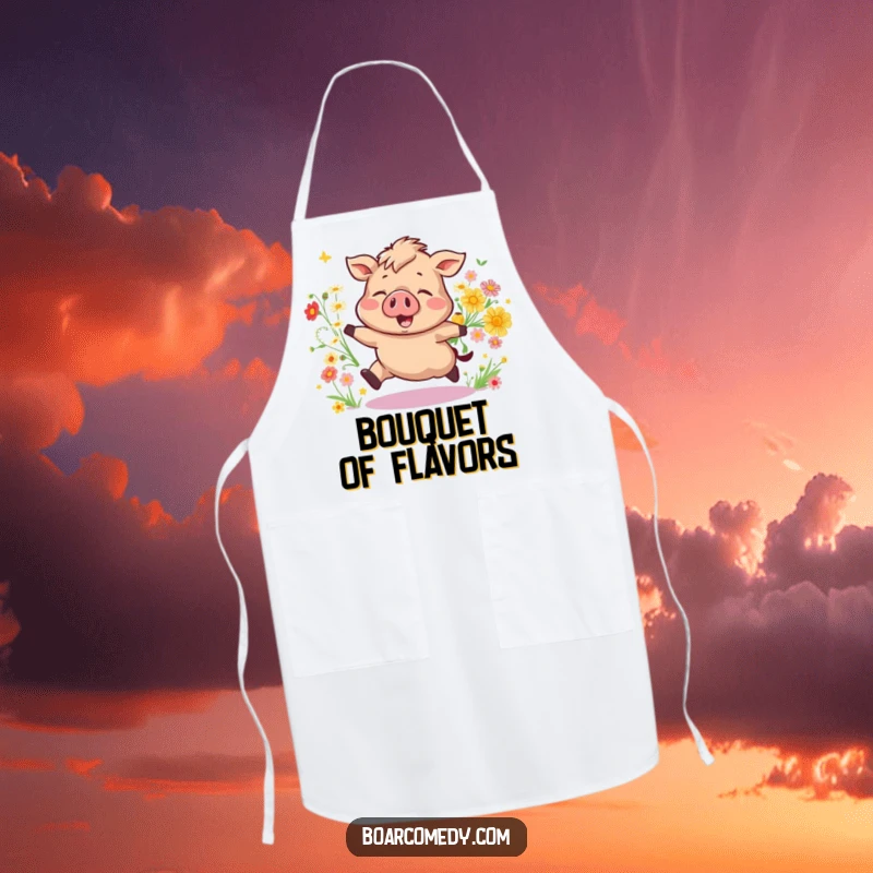 Funny Bouncing Boar Apron, a joyful pig with flowers, ready for kitchen fun and spills. A cheerful funny gift.