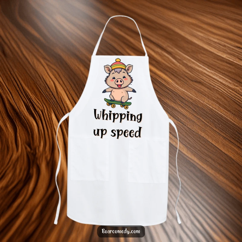 Funny apron with a cheerful boar in a tiny hat riding a skateboard, bringing fun to the kitchen.