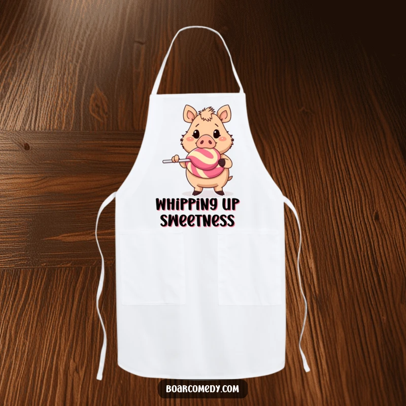 Funny cheerful boar character holding a gigantic lollipop, a fun and practical apron for culinary adventures.