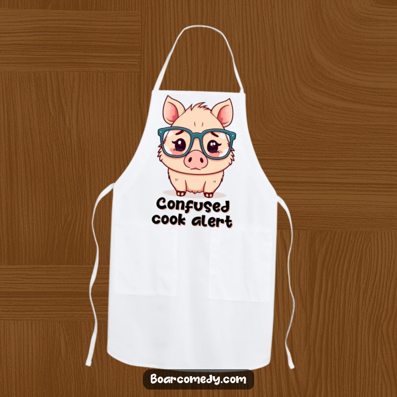 Funny Kawaii boar apron, a confused boar wearing glasses, ideal for cooking or crafting.