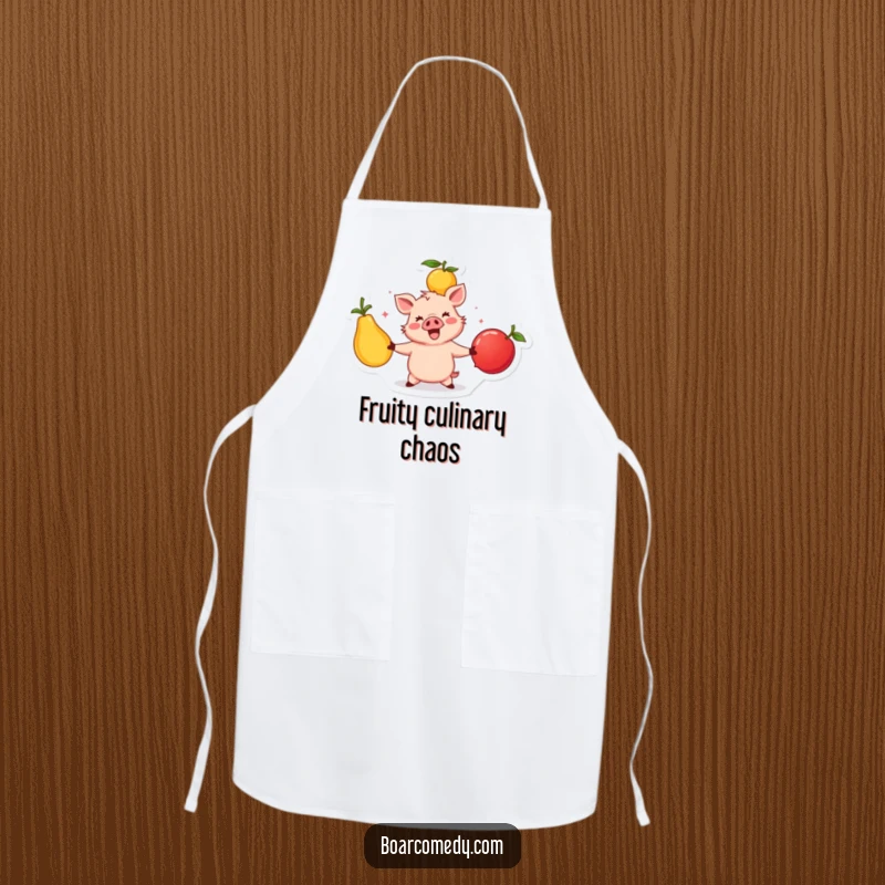 Funny happy boar character juggling three large, colorful fruits, a humorous and practical apron for kitchen performers.