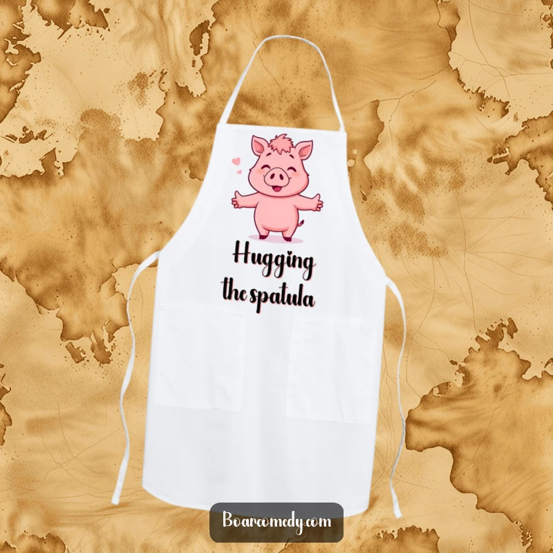 Funny Apron: Pink, smiling boar character with arms outstretched, ready to hug, spreading love while cooking.