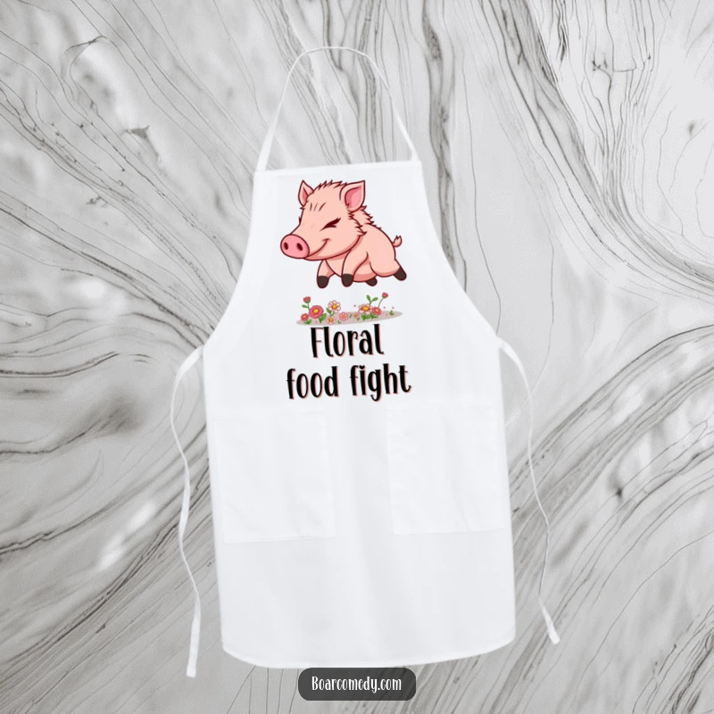 Funny Kawaii Boar Apron showing determined leaping action over small flowers, ideal for kitchen challenges.