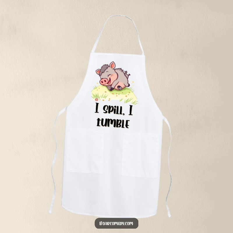 Funny kawaii boar apron, depicting a happy boar giggling as it rolls down a hill, ready for kitchen adventures.