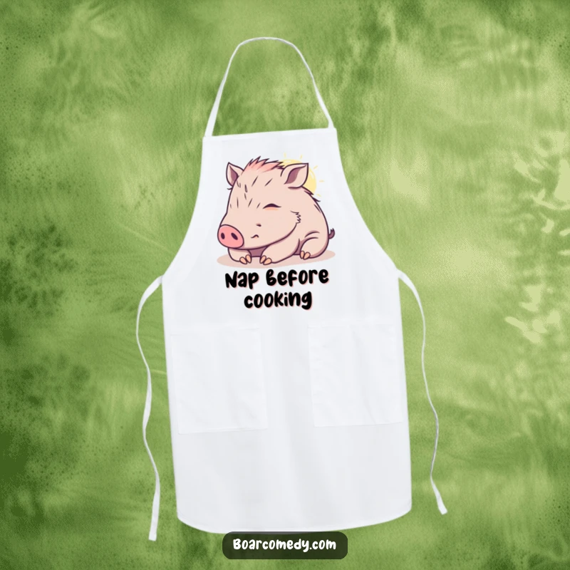 Funny kawaii boar apron, a content boar napping in a sunbeam, perfect for a relaxing cooking experience.