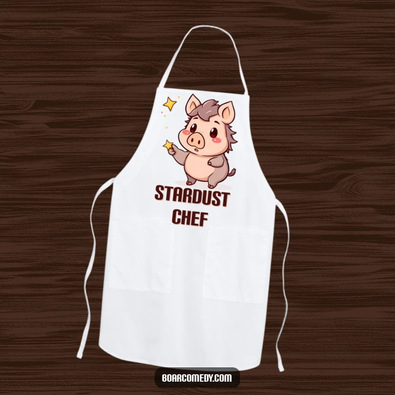 Funny kawaii boar apron, a surprised boar pointing at a twinkling star, ready for magical culinary creations.