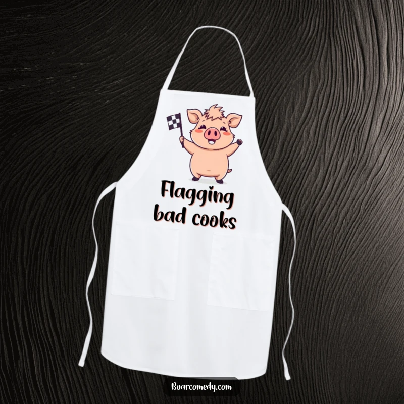 Funny kawaii boar apron, a happy boar waving a checkered flag, perfect for celebrating culinary victories.
