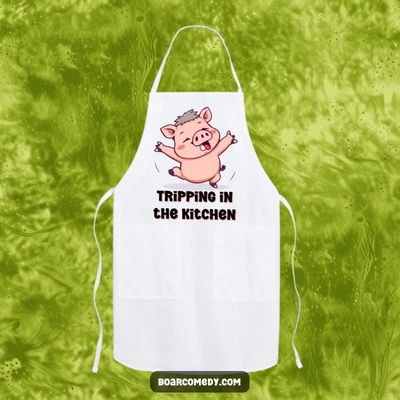 Funny Kawaii Boar Apron: A kawaii boar is comically tripping, arms flailing wildly, ready to add humor to any kitchen task.