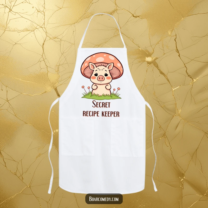Funny blushing, surprised boar character peeking shyly from behind a large, colorful striped mushroom, featured on a practical and humorous kitchen apron.