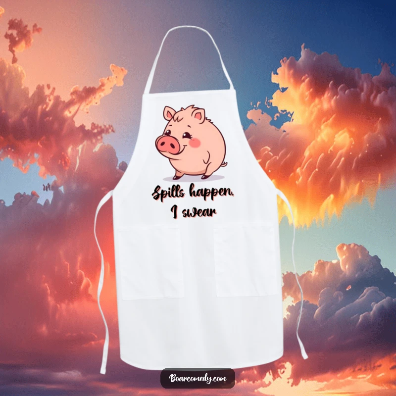 Funny Apron: Round boar character with a funny expression, tripping slightly, bringing humorous charm to kitchen tasks.
