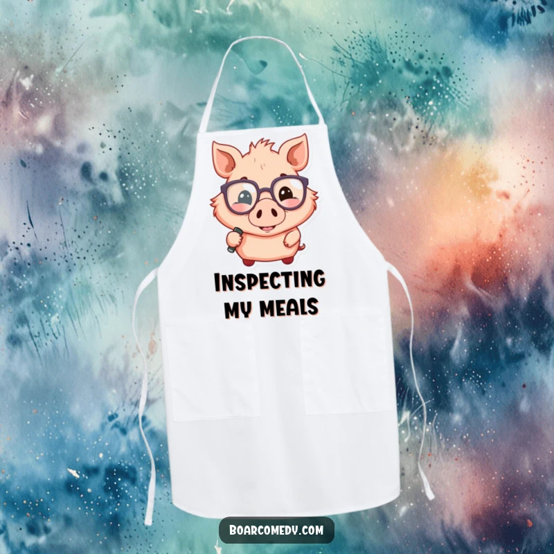 Funny kitchen apron featuring a smiling boar wearing oversized glasses and holding a magnifying glass, perfect for chefs.