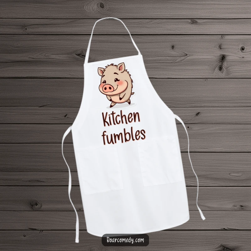 Funny kitchen apron featuring a small round boar character tripping with a funny expression, perfect for chefs.