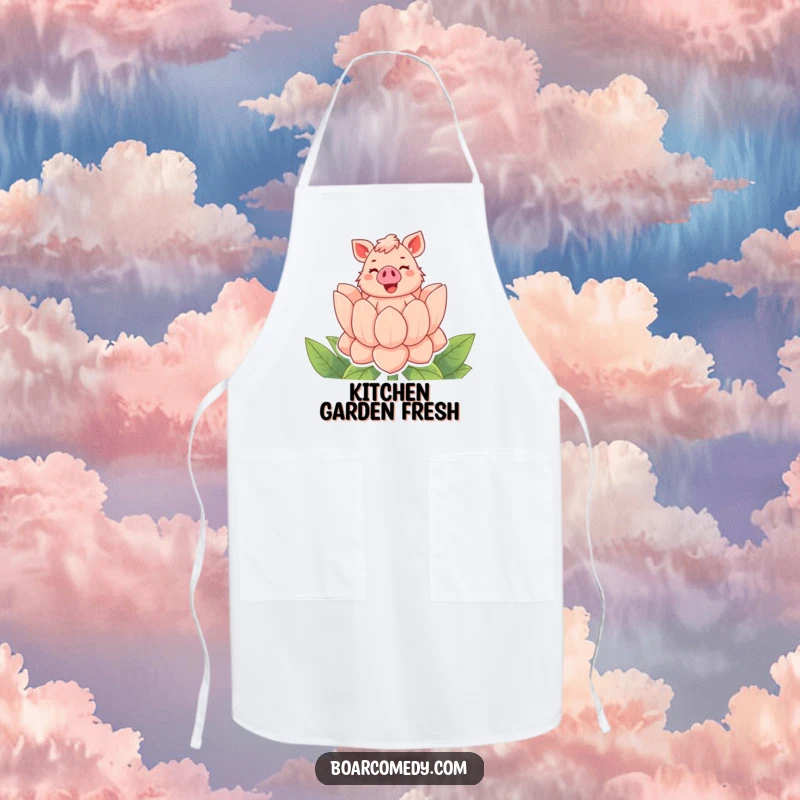 Funny apron showing a bubbly boar character joyfully popping out of a giant flower with a cheerful squeal, adding kitchen humor.