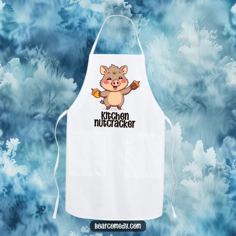 Funny Kawaii Boar character with a comical expression, enthusiastically juggling three bright acorns, featured on a practical and funny kitchen apron.