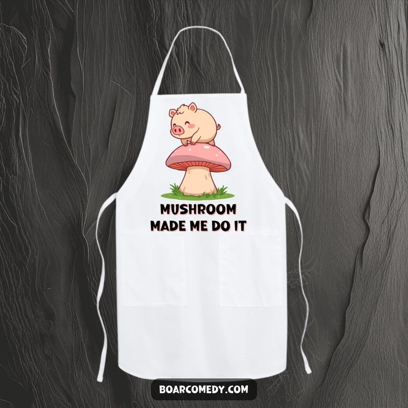 Funny apron with a roly-poly boar character joyfully tripping over a giant mushroom, a comical kitchen companion.