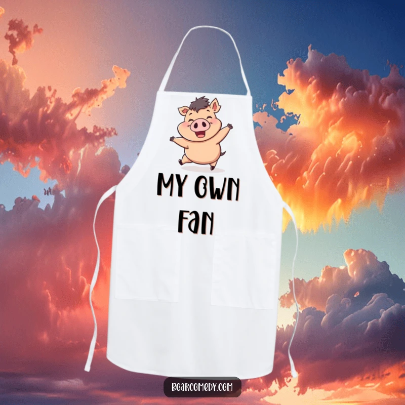 Funny apron with a happy, plump boar character being pushed by a strong wind gust, a cheerful culinary companion.