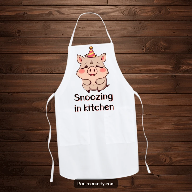 Funny kitchen apron showcasing a sleepy boar character mid-yawn, its tiny party hat tilted comically.