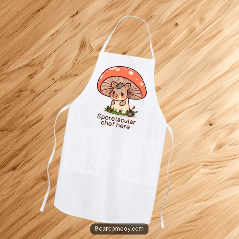 Funny kawaii boar peeking from behind a giant mushroom on a kitchen apron, adding a cute touch to cooking.
