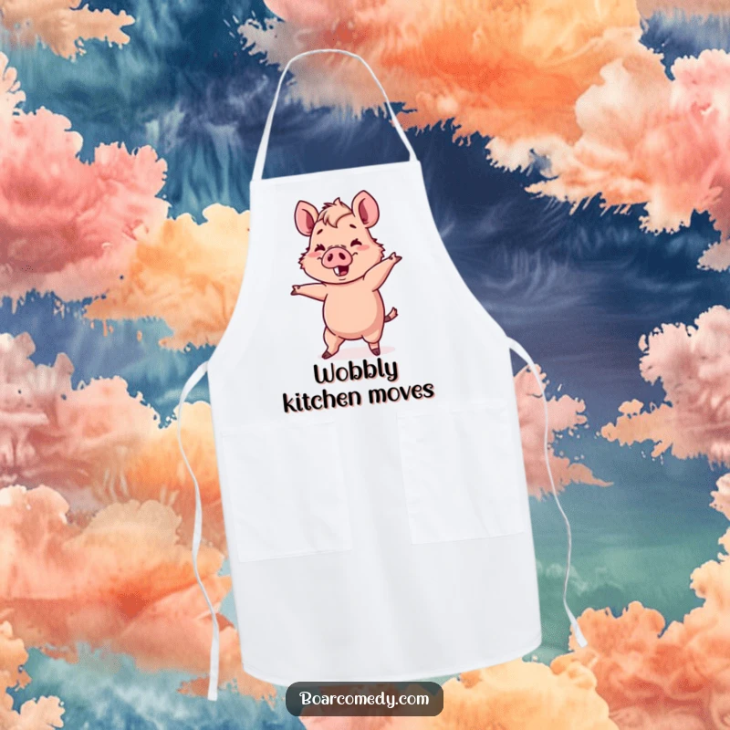 Funny Kawaii boar character attempting a comical, wobbly dance move, on a kitchen apron.