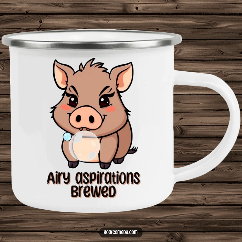 Funny Boar Blowing Bubble Camping Mug, a sturdy enamel mug with a mischievous pig ready for adventure. A great funny gift.