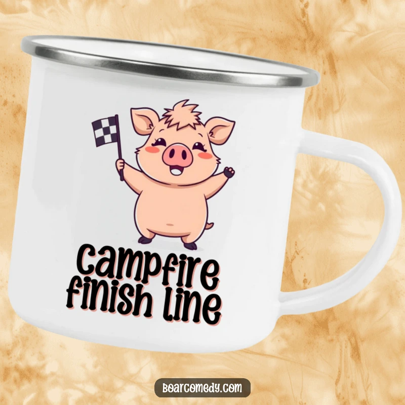 Funny kawaii boar camping mug with a happy boar waving a checkered flag, symbolizing excitement for outdoor adventures.