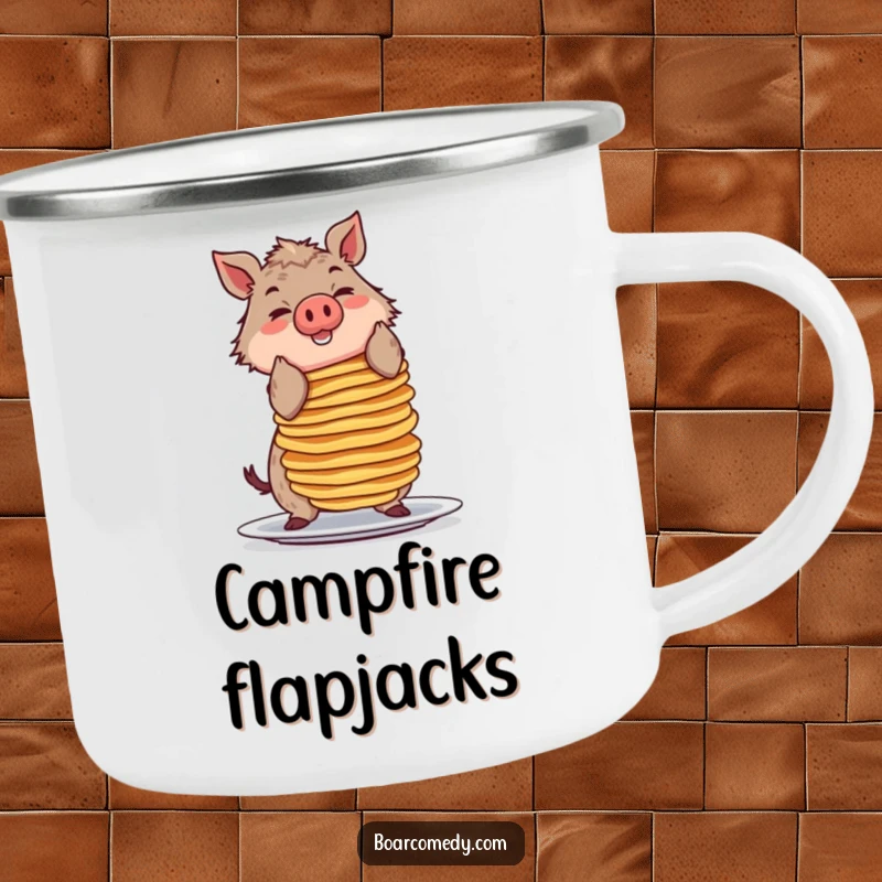 Funny camping mug with a smiling boar character balancing a tall stack of pancakes, perfect for outdoor breakfast humor.