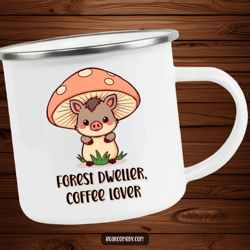 Funny Camping Mug: Kawaii boar character peeking from behind a giant mushroom, a charming and durable mug for outdoor fun.