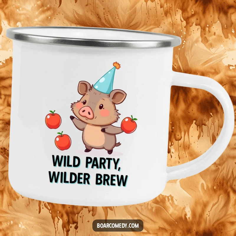 Funny Camping Mug: Cute boar with a party hat, juggling three apples, a rugged and humorous mug for the outdoors.