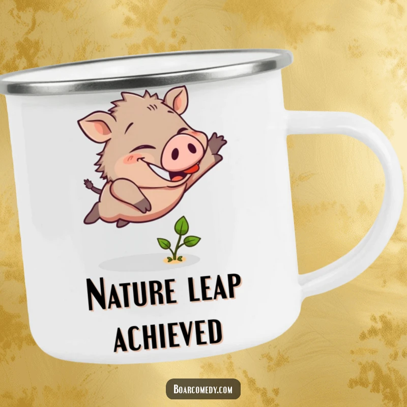 Funny camping mug depicting a joyful boar character mid-leap over a tiny sprout, capturing a determined and adventurous mood.