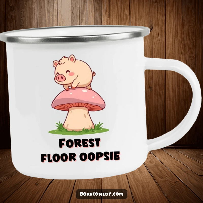 Funny camping mug: a roly-poly boar character joyfully tripping over a giant mushroom, ready for outdoor fun and laughs.