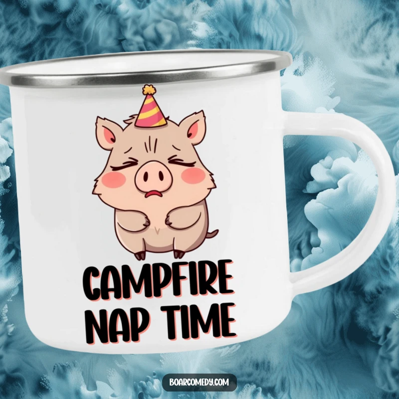 Funny camping mug depicting a very sleepy boar character comically yawning, with a tilted party hat.