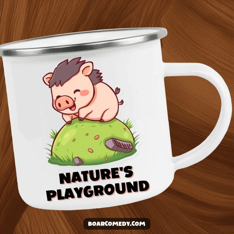 Funny camping mug showcasing a small, round boar character joyfully rolling down a grassy hill, ideal for outdoor humor enthusiasts.