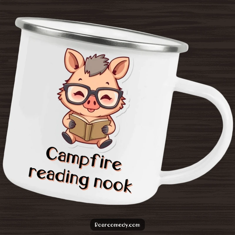 Funny camping mug depicting a happy boar character wearing oversized glasses, absorbed in reading a small book.