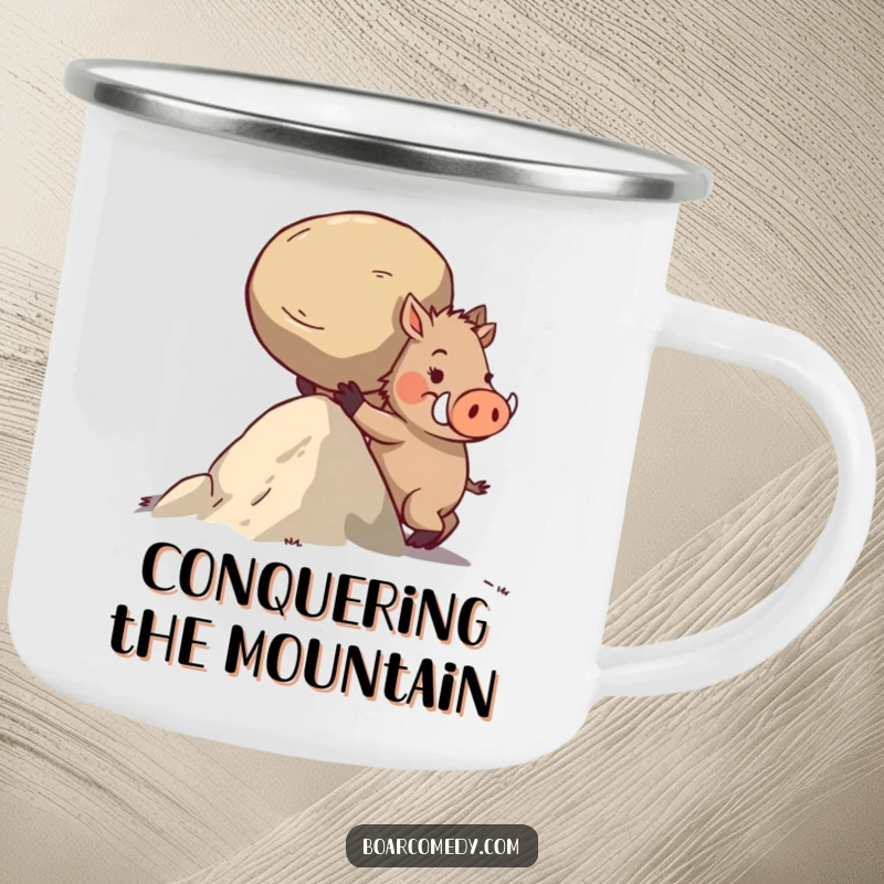 Funny camping mug depicting a determined boar character pushing a heavy, round stone up a challenging incline.