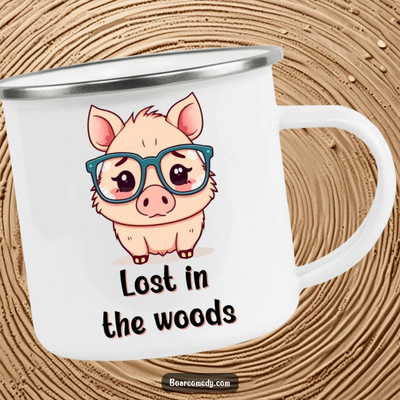 Funny Kawaii boar camping mug, a confused boar wearing glasses, perfect for outdoor contemplation.