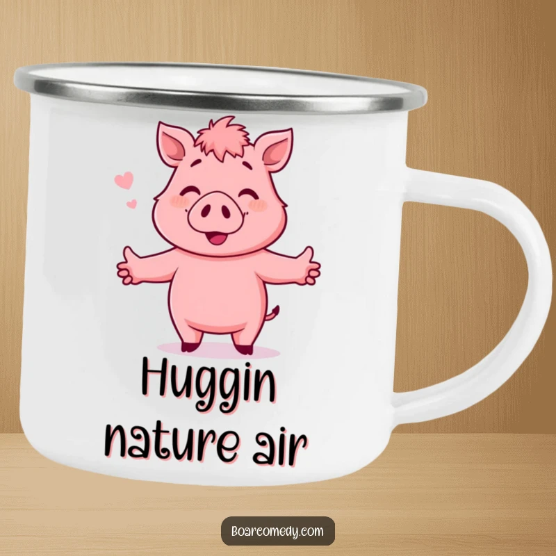 Funny Camping Mug: Pink, smiling boar with outstretched arms, ready for a hug, spreading warmth in nature.