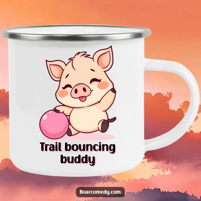 Funny Kawaii boar camping mug, a cheerful tiny boar bouncing a pink ball, perfect for adventurers.