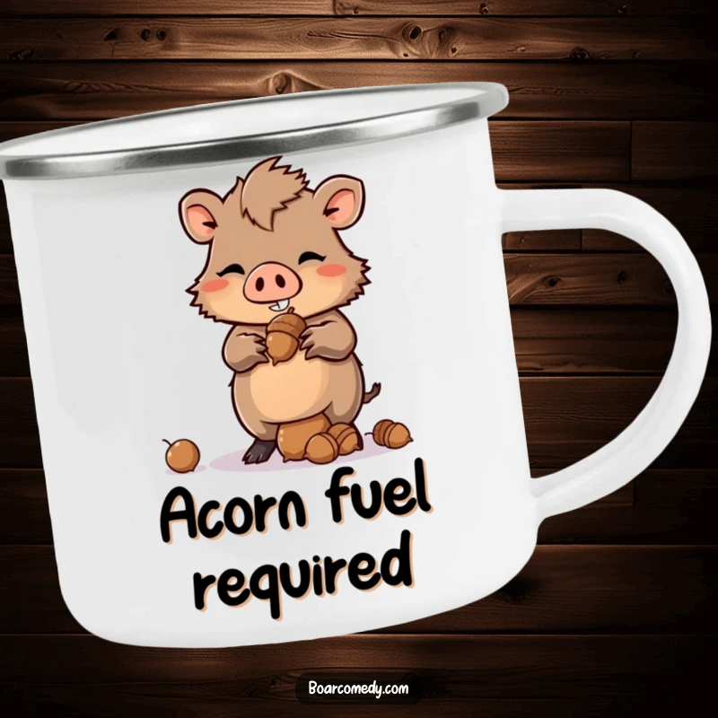 Funny Kawaii Boar Camping Mug with a mischievous grin, balancing a stack of acorns, perfect for rugged wit.