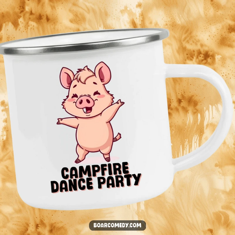 Funny Kawaii boar character attempting a comical, wobbly dance move, on an enamel camping mug.