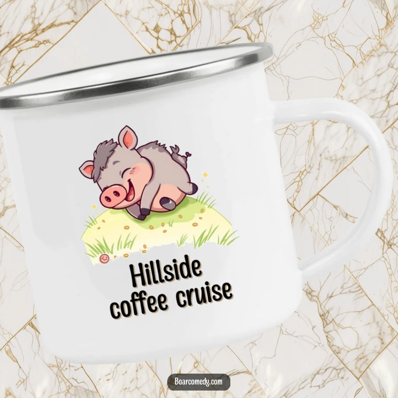 Funny kawaii boar camping mug illustrating a happy boar giggling while rolling down a grassy hill, perfect for outdoor escapades.