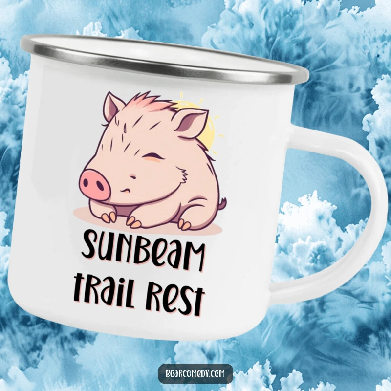 Funny kawaii boar camping mug with a content boar napping in a sunbeam, perfect for peaceful outdoor moments.